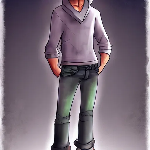 Prompt: anthro!! male wolf, casual attire, digital art, full body