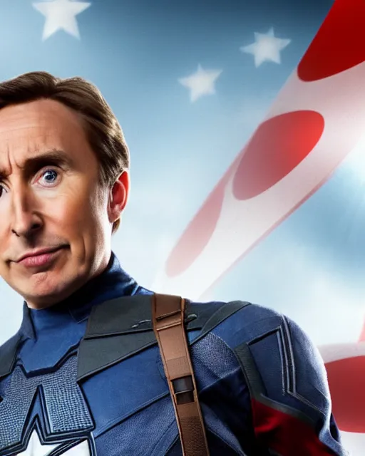 Image similar to film still close - up shot of alan partridge as captain america from the movie captain america : the first avenger. photographic, photography