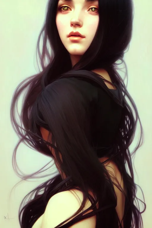 Image similar to a beautiful girl with long black hair, fantasy, portrait, sharp focus, intricate, elegant, digital painting, artstation, matte, highly detailed, concept art, illustration, ambient lighting, art by ilya kuvshinov, artgerm, Alphonse mucha, and Greg Rutkowski