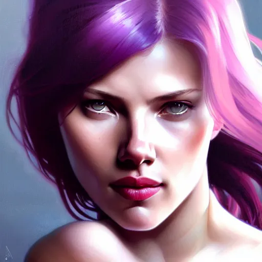 Image similar to portrait of seductive scarlett johanson, purple hair, attractive features, slight smile, highly detailed, digital painting, artstation, concept art, sharp focus, illustration, art by WLOP and greg rutkowski and alphonse mucha and artgerm