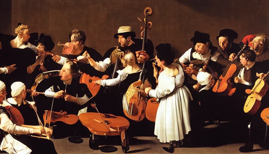 Prompt: a painting of a polar bear directing orchestra at the theatre by Caravaggio, elegant