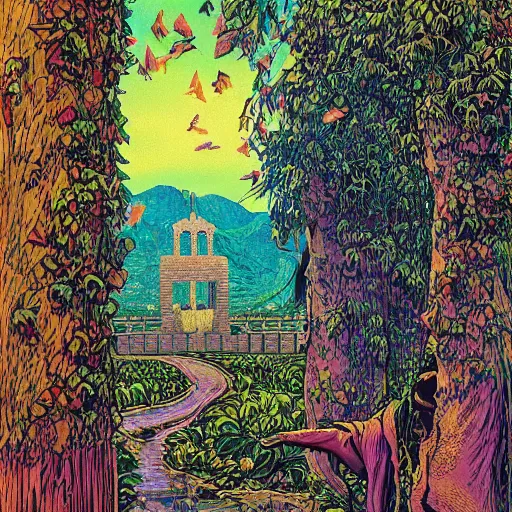 Prompt: impressionist synthwave ancient city angle parrot ivy woodcut nut , by Joe Jusko and Jakub Rozalski and Moosa Al Halyan , surrealist , abstract , tarot card