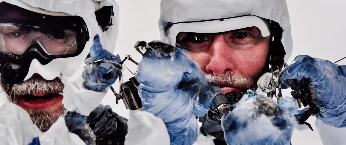 Image similar to filmic extreme close up shot movie still 4 k uhd interior 3 5 mm film color photograph of a scientist attacking a camouflaged solder in a lab in antarctica by grabbing him with his claw