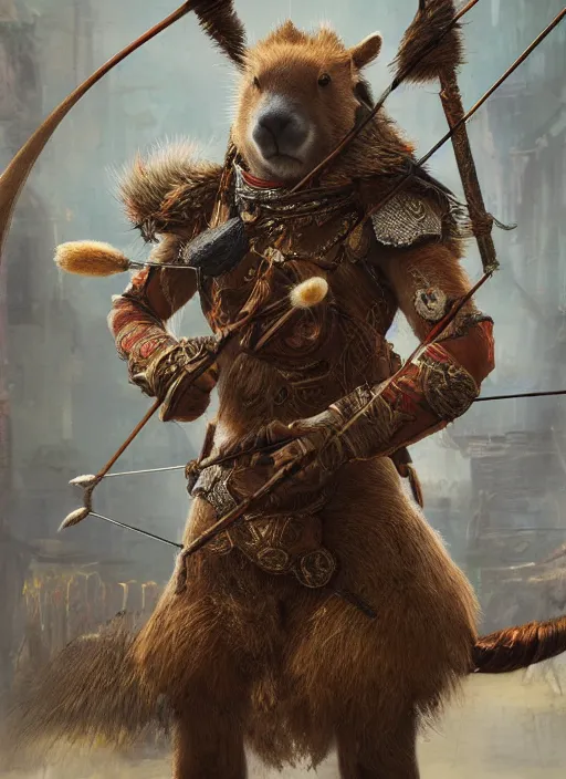 Image similar to detailed full body concept art illustration soft focus oil painting on canvas of an anthropomorphic capybara archer in full intricate clothing, biomutant, dystopian, micro detail, octane render, 4K