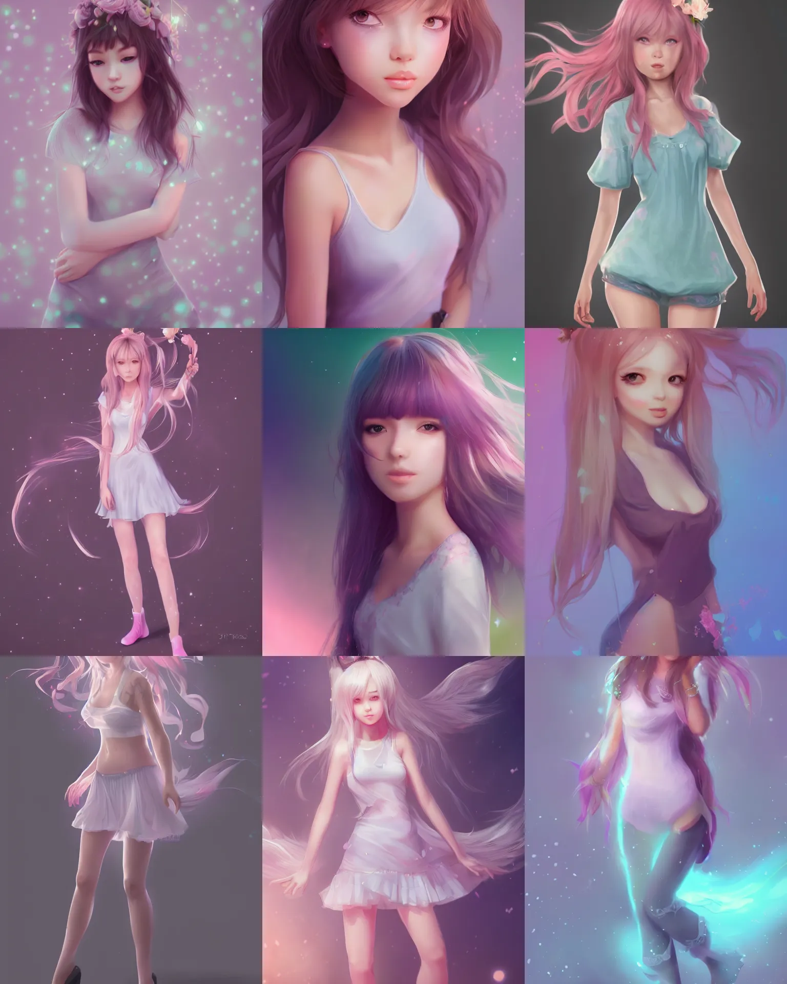 Prompt: full body portrait shot of a very beautiful girl in very cute realistic WLOP digital art style with bloom ethereal effects, trending on Artstation, made by Tran Ross feminine in pastel shades, trending on pixiv, Unreal Engine 3d, 4k, rossdraws