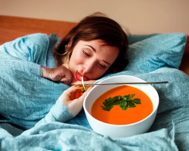 Prompt: cat laying in bed drinking chicken soup while watching the late show.