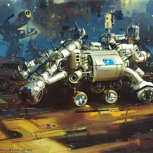 Prompt: a futuristic land walking vehicle with six robot legs and a huge cannon, painting by john berkey