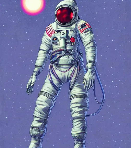 Image similar to realistic cyberpunk japanese astronaut with long limbs on a spacewalk outside of their ship, techwear, Industrial Scifi, detailed illustration, character portrait, by Martin Grip and Moebius