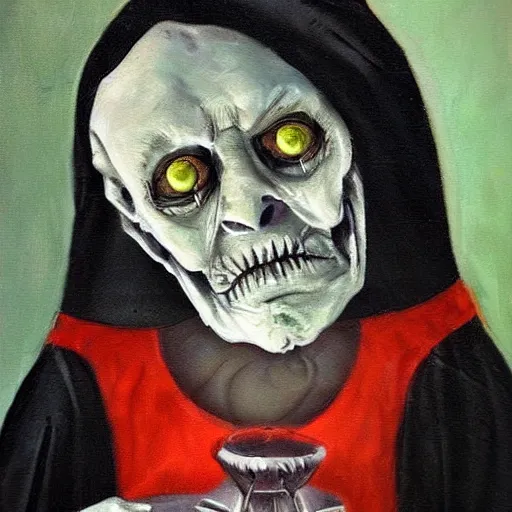 Prompt: creepy old cursed witch watching you sleep, eerie, haunted, oil painting