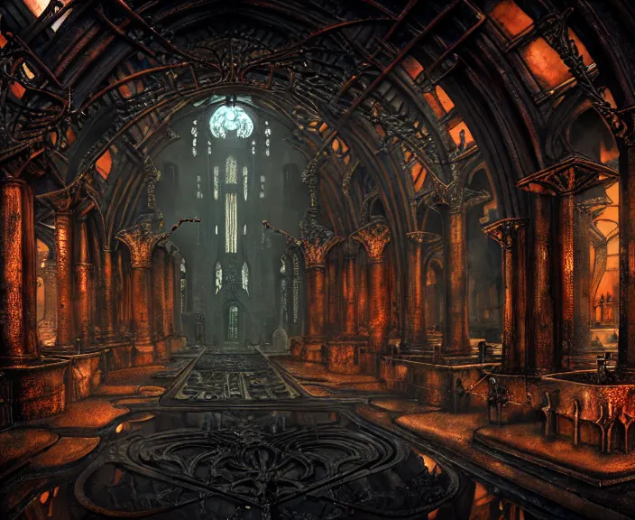 Image similar to steam necropolis, memento mori, gothic, neo - gothic, art nouveau, hyperdetailed copper patina medieval icon, stefan morrell, philippe druillet, ralph mcquarrie, concept art, steampunk, unreal engine, detailed intricate environment, octane render, moody atmospherics, volumetric lighting, ultrasharp, ominous, otherworldly