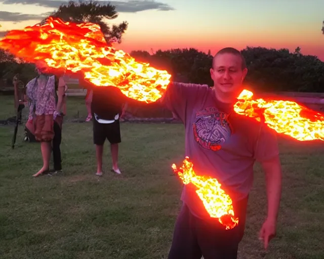 Image similar to squidward firebending outside at susnset