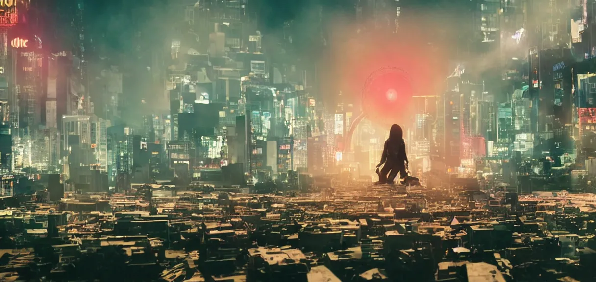 Prompt: The wide shot of disco punk rock Asian band with very long curly dark hair playing on guitars while giant Godzilla destructs the city, night city on the background, giant flying saucer in the sky, by Lubezki, David Lynch and Roland Emmerich, anamorphic 35 mm lens, cinematic, anamorphic lens flares 4k