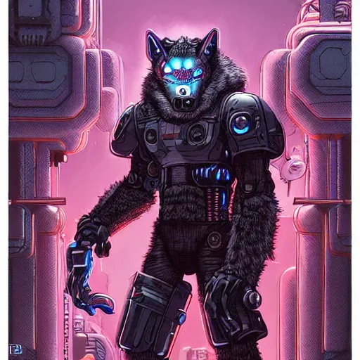 Image similar to portrait of a cybernetic werewolf warrior with white fur and power armor, cyberpunk concept art by josan gonzales and moebius and enki bilal and and dan mumford and jean claude meziere and philippe druilleg