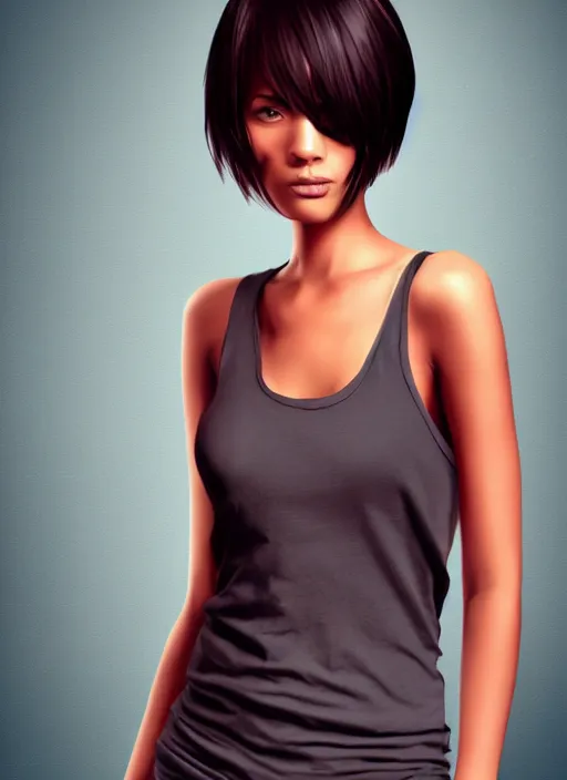 Image similar to attractive girl, short hair, dark skin, slim, white tank top, digital art