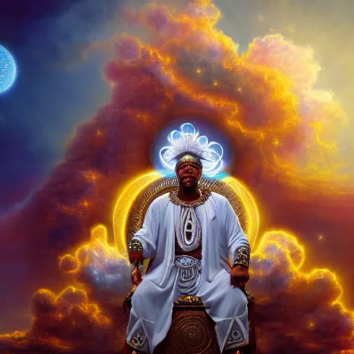 Image similar to obatala the cosmic god sitting on a throne of nebula clouds, by Adi granov, matte painting, orisha, 8k, hd