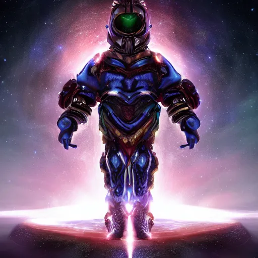 Image similar to photorealistic fantasy cosmic concept art of a cosmic god with armor made out of planets and dark matter, hovering in a unknown galaxy, fully body portrait, cinematic, dynamic lighting, ultra detailed, creative, trending on art station, stunning visuals, creative