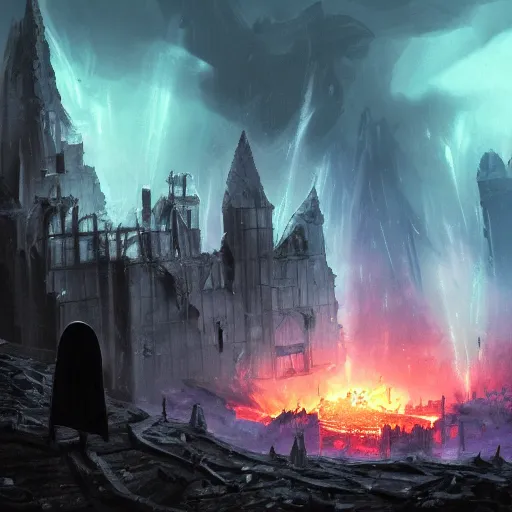 Image similar to a still of a hooded and cloaked figure in black standing in the ruins of crux prime, destroyed castle, purple and blue fiery maelstrom in the distance, digital art, artstationhq