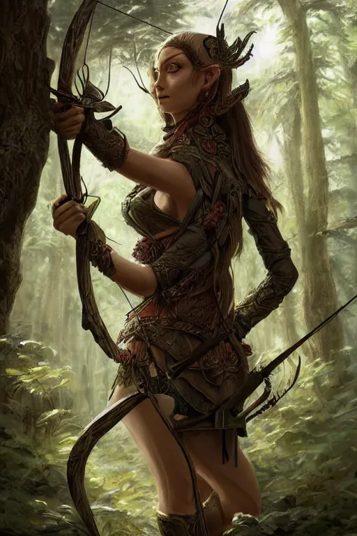 Image similar to elven archer in a forest glade, highly detailed, d & d, fantasy, portrait, highly detailed, headshot, digital painting, trending on artstation, concept art, sharp focus, illustration, art by artgerm and greg rutkowski and magali villeneuve