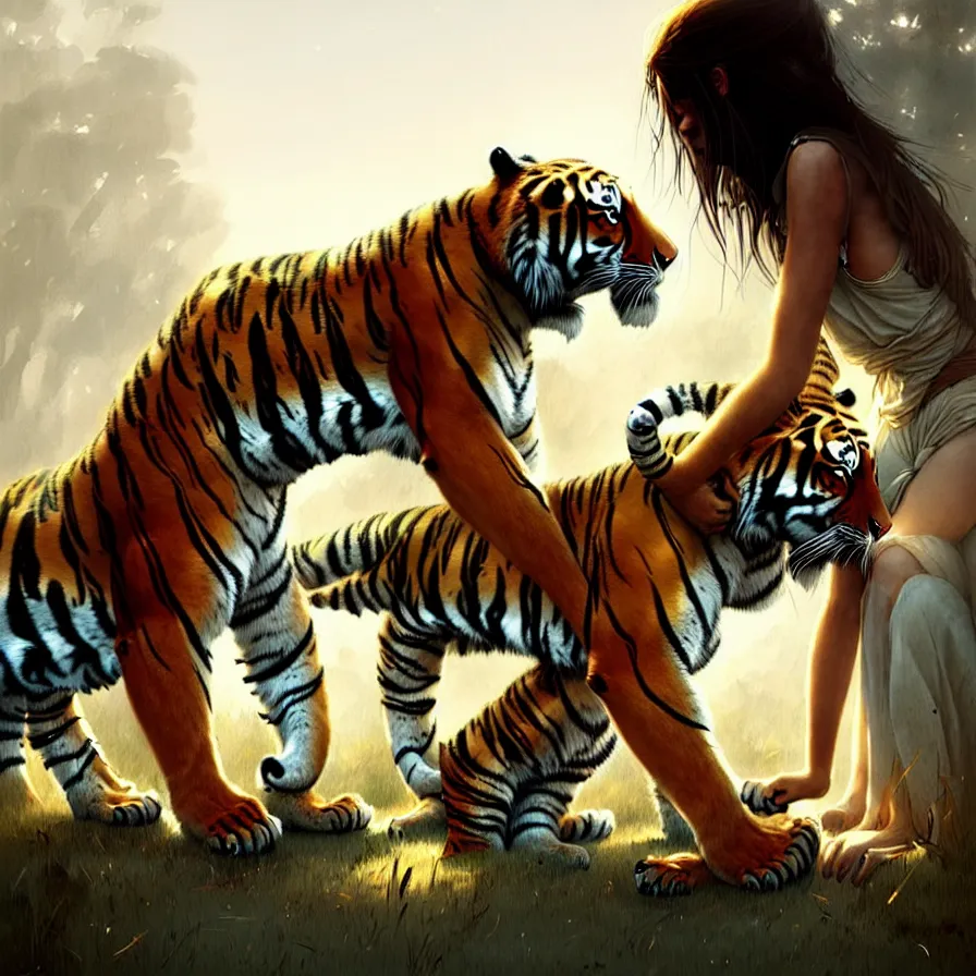 Image similar to the relationship between a girl and a tiger. they love each other, girl with beautiful soft woman body, detailed digital art by greg rutkowski.