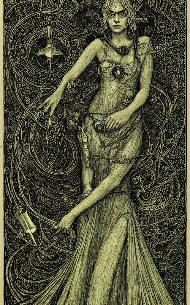 Prompt: tarot card of hecate the gloomy and beautiful goddess of witchcraft, torches, ancient keys, smokes, andrey remnev, black paper, etching, engraving, intricate line work, green line work details, mandelbulb fractal, portrait, trending on artstation, exquisite details, risography print, 4 k, 4 k