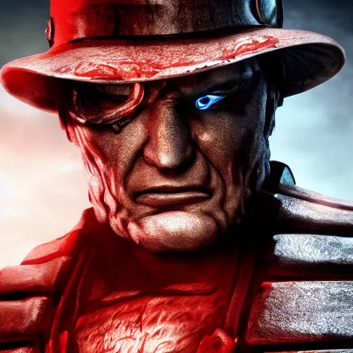 Image similar to freddy kruger in gears of war, splash art, movie still, detailed face, photorealistic facial features, cinematic lighting, dramatic, octane render, long lens, shallow depth of field, bokeh, anamorphic lens flare, 8 k, hyper detailed, 3 5 mm film grain