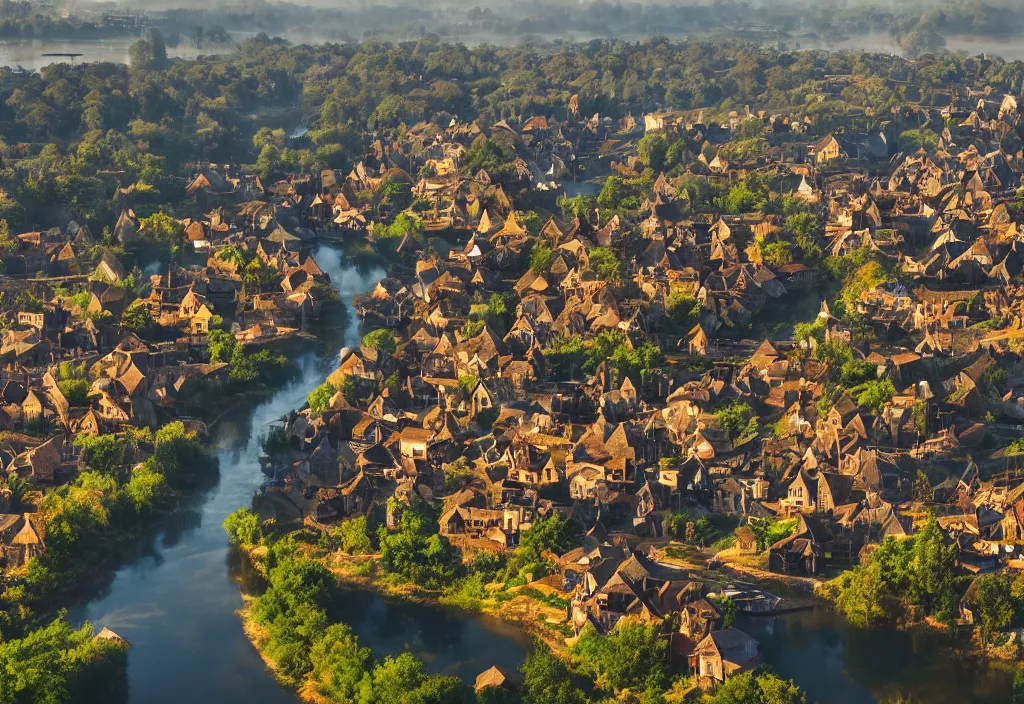 Prompt: a fantastic medieval township on the banks of a giant river, morning, beautiful, high contrast, 4 k, cinematic