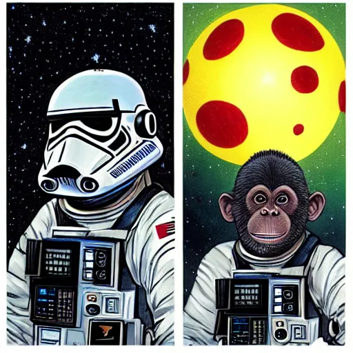 Image similar to pencil art, realistic self portrait, astronaut with a chimpanzee, drawn like a star wars poster.