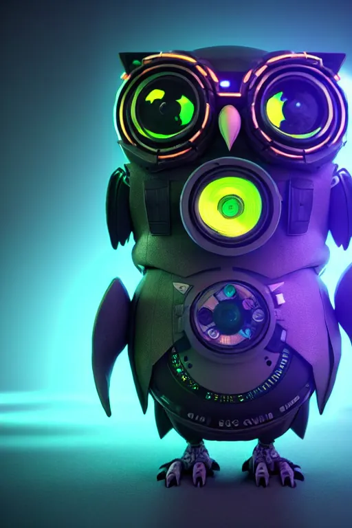 Image similar to high quality 3 d render very cute cyborg owl! with boombox!, cyberpunk highly detailed, unreal engine cinematic smooth, in the style of blade runner & detective pikachu, hannah yata charlie immer, moody light, low angle, uhd 8 k, sharp focus