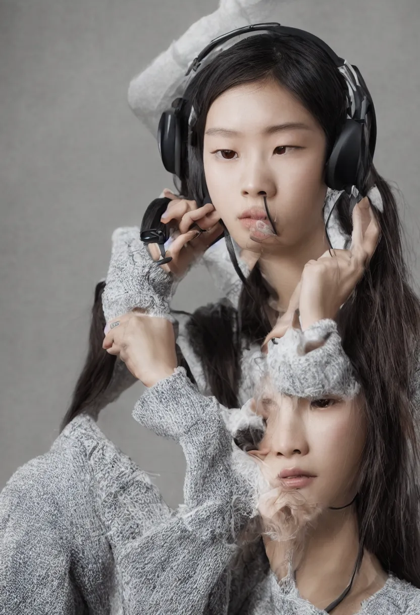 Prompt: headshot, japanese young woman, headphones listening to music, elegant as fashion editorial shot, highly detailed, smooth, sharp focus, photo by vogue