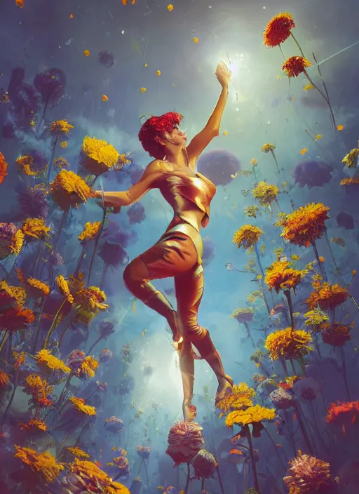 Image similar to An epic fantastic realism comic book style painting of the most beautiful flowers launched like meteors, bouquets, fisheye lens, unreal 5, DAZ, hyperrealistic, octane render, dynamic lighting