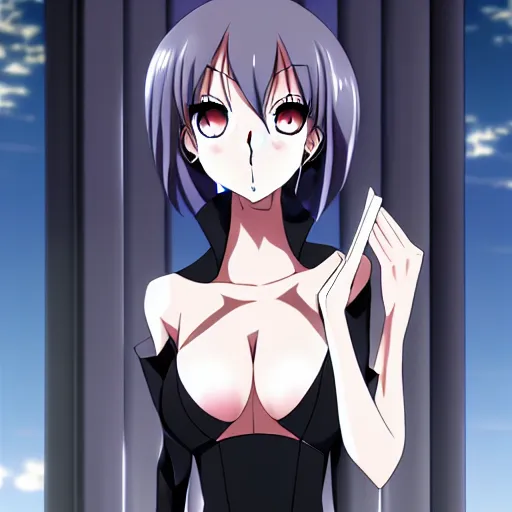 Image similar to anime woman, black dress, rooftop party, symmetrical faces and eyes symmetrical body, middle shot waist up, Madhouse anime studios,Wit studio anime, romantic lighting, 2D animation