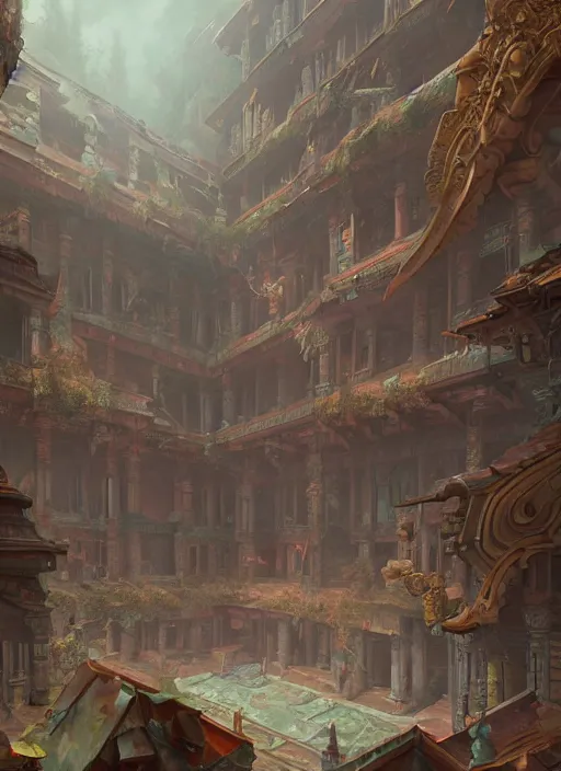 Image similar to a detailed matte painting of a temple interior, broken tiles, broken windows, digital art, immaculate scale, trending on artstation, peter mohrbacher