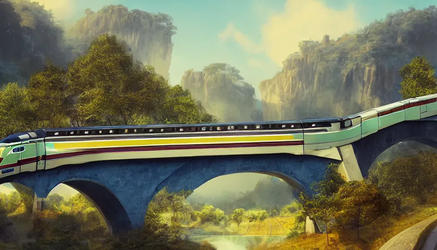 Prompt: futuristic train crossing aqueduct, green hills, matte painting, artstation, sunrise, blue sky