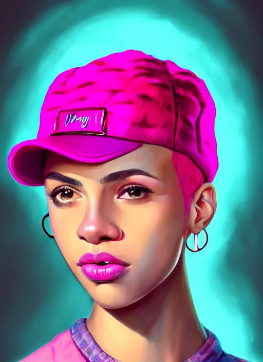 Image similar to portrait of teenage vanessa morgan with bright pink hair, black girl, curly pixie cut hair, wearing newsboy cap, pink short haircut, newsboy cap, hoop earrings, blue eyes, intricate, elegant, glowing lights, highly detailed, digital painting, artstation, concept art, smooth, sharp focus, illustration, art by wlop, mars ravelo and greg rutkowski