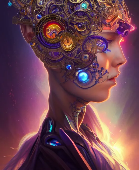 Image similar to a whirlwind of souls rushing inside the metaverse, half body, glowin eye, tiara with sapphire, pharaoh, android, cyborg, cyberpunk face, d & d, fantasy, intricate, elegant, highly detailed, colorful, vivid color, digital painting, artstation, concept art, art by artgerm and greg rutkowski and alphonse mucha and ruan jia