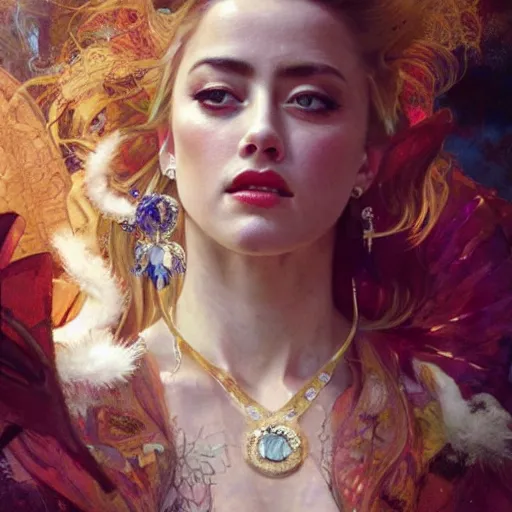 Prompt: hyperrealistic portrait of a woman as amber heard as a saint oracle wearing white swan dress long feathers and sapphire jewellery by jeremy mann and alphonse mucha, fantasy art, photo realistic, dynamic lighting, artstation, poster, volumetric lighting, very detailed faces, 4 k, award winning