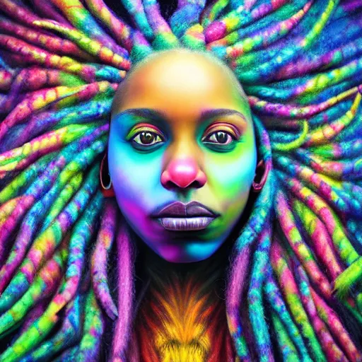 Image similar to a wide angle shot of a black girl with colorful dreadlocks in a field of candy, by Adi granov and afarin sajedi and amanda sage and evgeni gordiets and Agostino Arrivabene and adonna khare in a psychedelic portrait style, ultrarealistic matte painting, volumetric lighting, fractal, extremely symmetrical, highly detailed face, orisha, 8k, hd