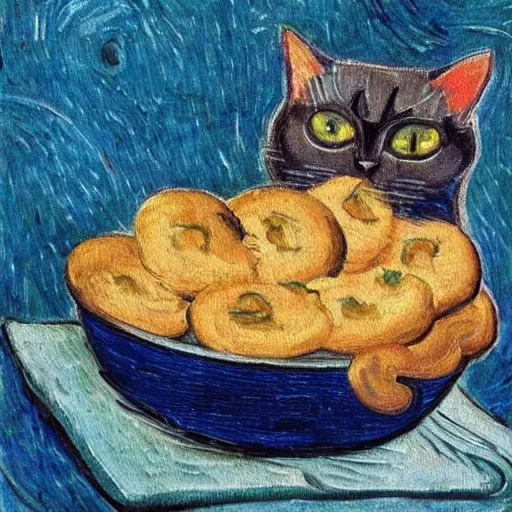 Prompt: an oil painting of a cat baking cookies in the style of van gogh, matisse, caravaggio and raphael