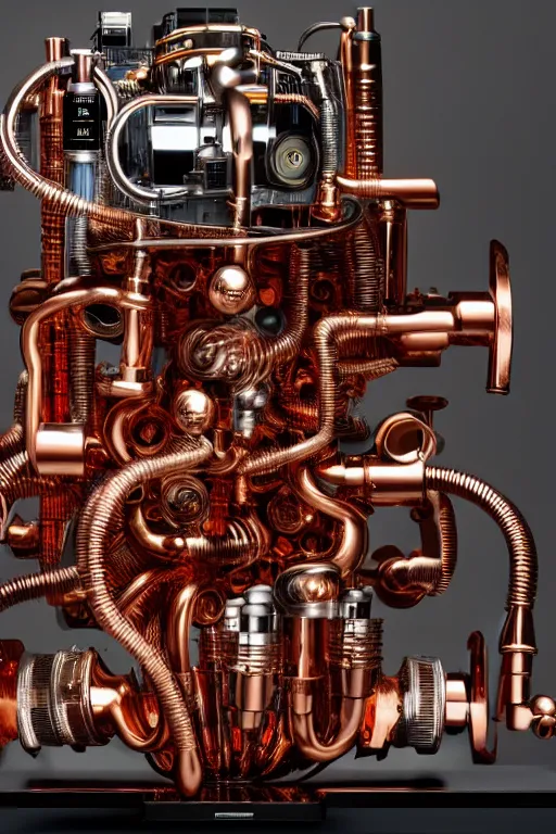 Prompt: A photo of an old opened camera, with vacuum tubes and copper coils inside, the most complex looking machine ever made by Annie Lebovitz and Steve McCurry Ultra detailed, hyper realistic, 4k