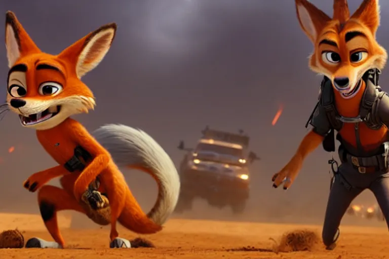 Image similar to nick wilde ( from zootopia ), heavily armed and armored facing down armageddon in a dark and gritty reboot from the makers of mad max : fury road