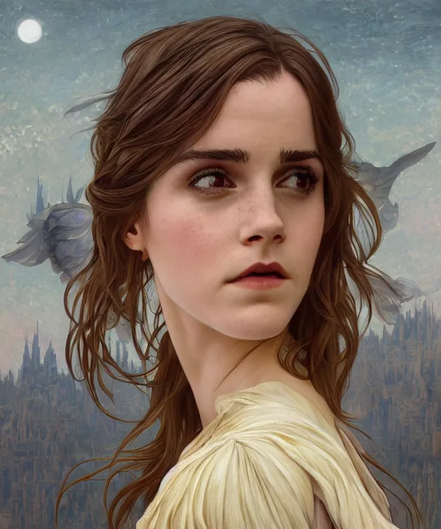 Image similar to Emma Watson as Lucifer morningstar, highly detailed, digital painting, artstation, concept art, smooth, sharp focus, illustration, ArtStation, art by artgerm and greg rutkowski and alphonse mucha and J. C. Leyendecker and Edmund Blair Leighton and Katsuhiro Otomo and Geof Darrow and Phil hale and Ashley wood and Ilya repin and Charlie Bowater