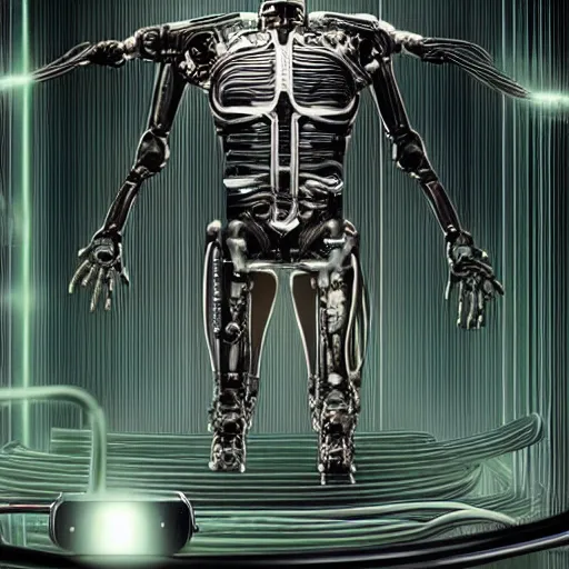 Image similar to photorealistic torso of a terminator with borg implants and a human face is hanging from cables and wires off the ceiling of an futuristic abandoned computer room and plugged into a quantum computer that's visible in the background. bottom half of the terminator's body is missing with cables sticking out. The Terminator is taking a sip from a cup of coffee. Tiny green led lights in the terminator's cybernetics. very detailed 8k. Cyberpunk horror style.