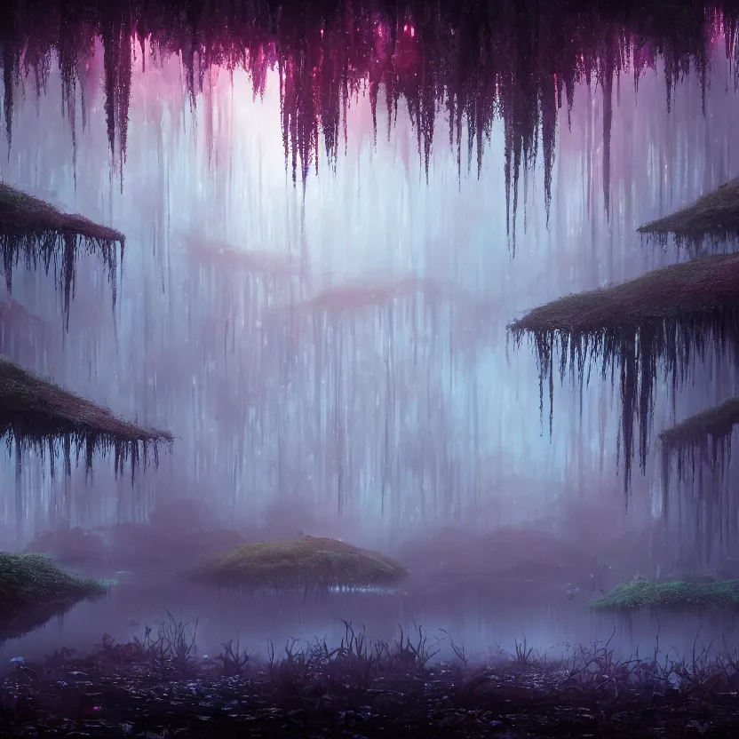 Image similar to a wet swamp with overhanging trees, dark colors, glowing plants, mushrooms!, misty background, light rays, beautiful lighting, vivid colors, intricate, elegant, smooth, sharp focus, highly detailed digital painting, concept art, cinematic, unreal engine, 4 k wallpaper, trending on cgsociety, trending on artstation