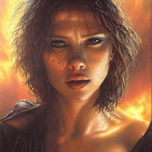 Image similar to a hyperrealistic painting of Scarlett Johanson as a demon by Bob Eggleton,