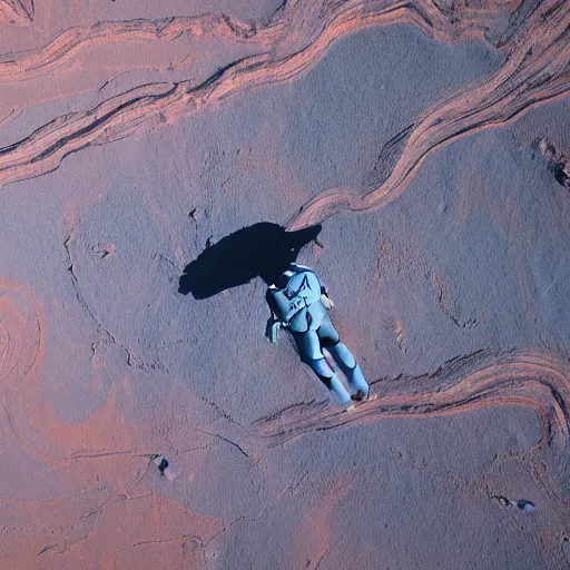 Prompt: An astronaut riding a cyborg pegasus with a large wingspan that's flying above a martian canyon at dusk, drone photography