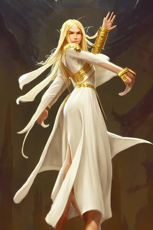 Prompt: Pretty Female Cleric, white robes, golden details, church background, golden hair, green eyes, light brown skin, detailed face, DND, D&D, low fantasy, by WLOP, Stanley Artgerm Lau, frank frazetta, Rossdraws, James Jean, artgerm, trending on Arstation, artstationHD, artstationHQ, cgsociety, HD 16K, extremely detailed, face details, pose