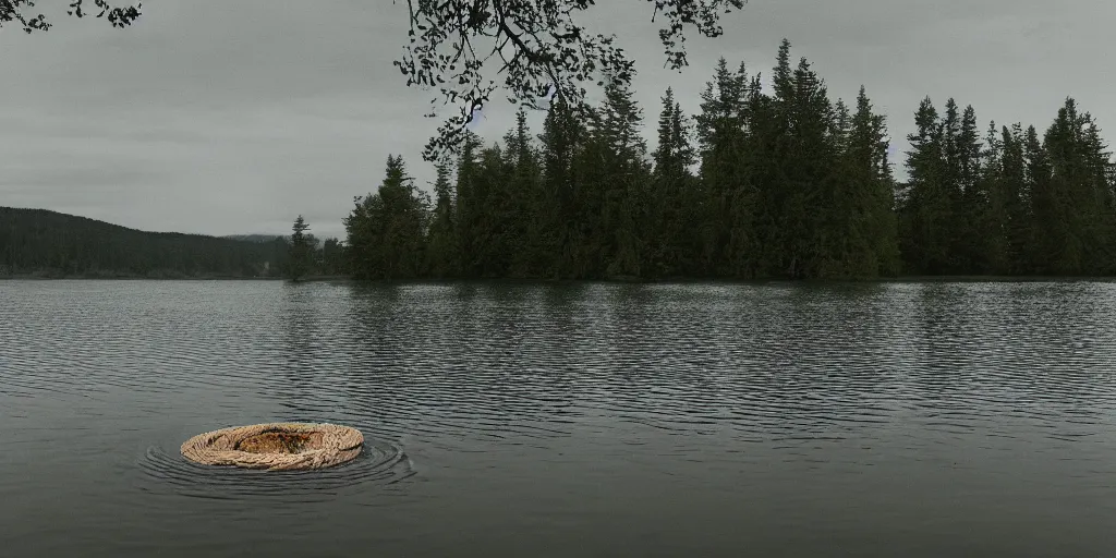 Image similar to centered photograph of a infintely long rope zig zagging across the surface of the water into the distance, floating submerged rope stretching out towards the center of the lake, a dark lake on a cloudy day, color film, trees in the background, hyper - detailed photo, anamorphic lens