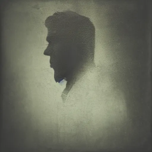 Prompt: A double exposure of a collodion-styled portrait of a man coupled with an abstract oil-on-canvas painting, bokeh, depth of field, dreamy