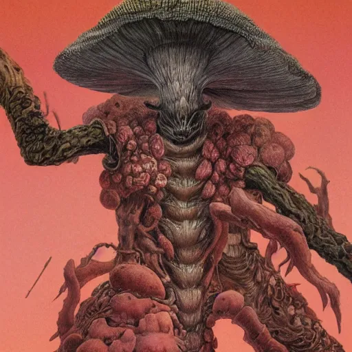 Image similar to full body portrait of a mushroom warrior, by wayne barlowe