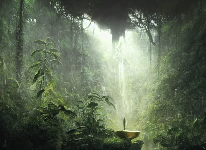 Image similar to interior shot of a lush jungle with a robot explorer navigating the harsh terrain looking away in the distance at a futuristic obelisk, masterpiece, painterly, art by artem demura, emotion, fantasy art,